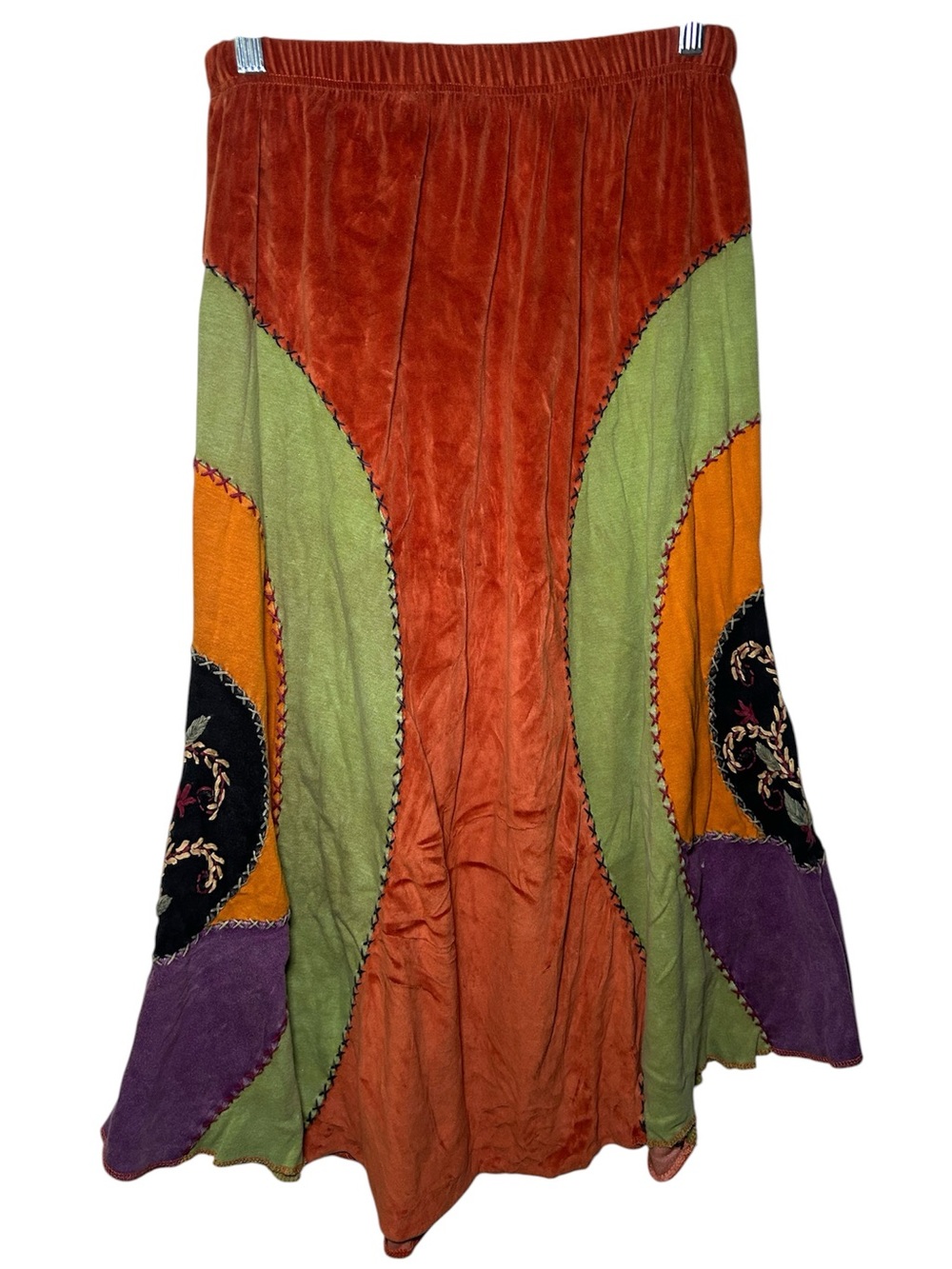 Gypsy Rose Bohemian Patchwork Maxi Skirt Rust Green Orange Purple Witch Hallowee